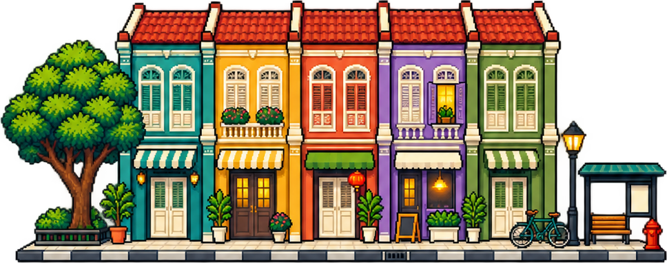 The Petak shophouse row — five neighbours at their windows