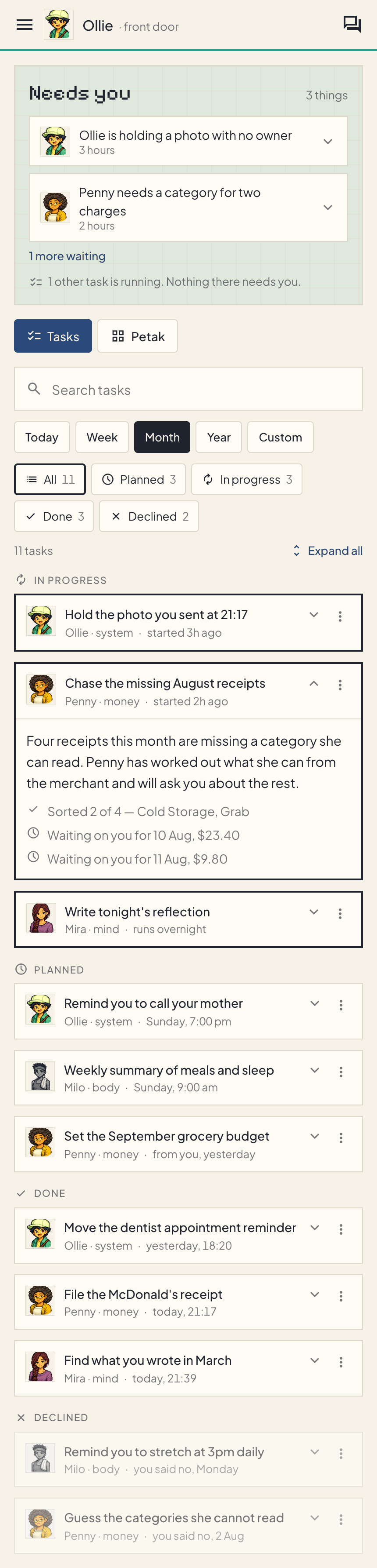 Ollie's board — every petak at a glance, and the task list