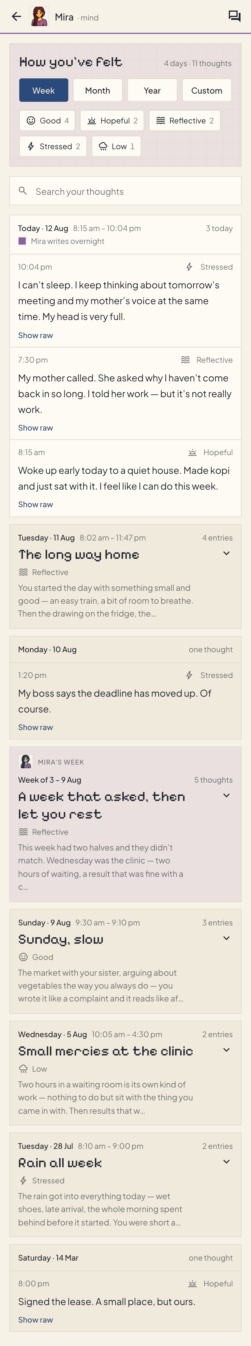 Mira's dashboard — the journal: how you've felt, searchable