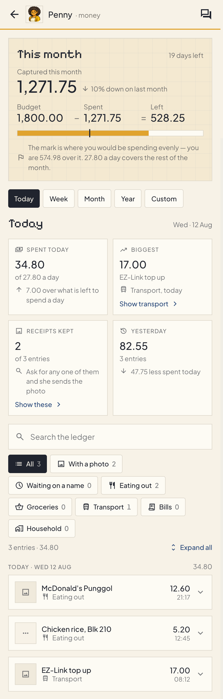 Penny's dashboard — budget position and the searchable ledger