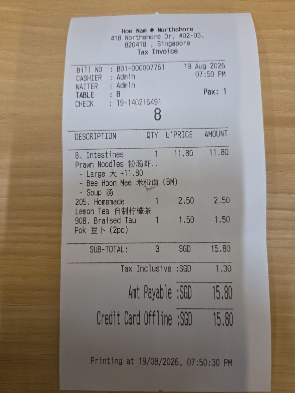 The bill from Hoe Nam